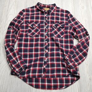 Beulah Style Pearl Snap Shirt‎ Womens Medium Plaid Button Down Flap Pockets